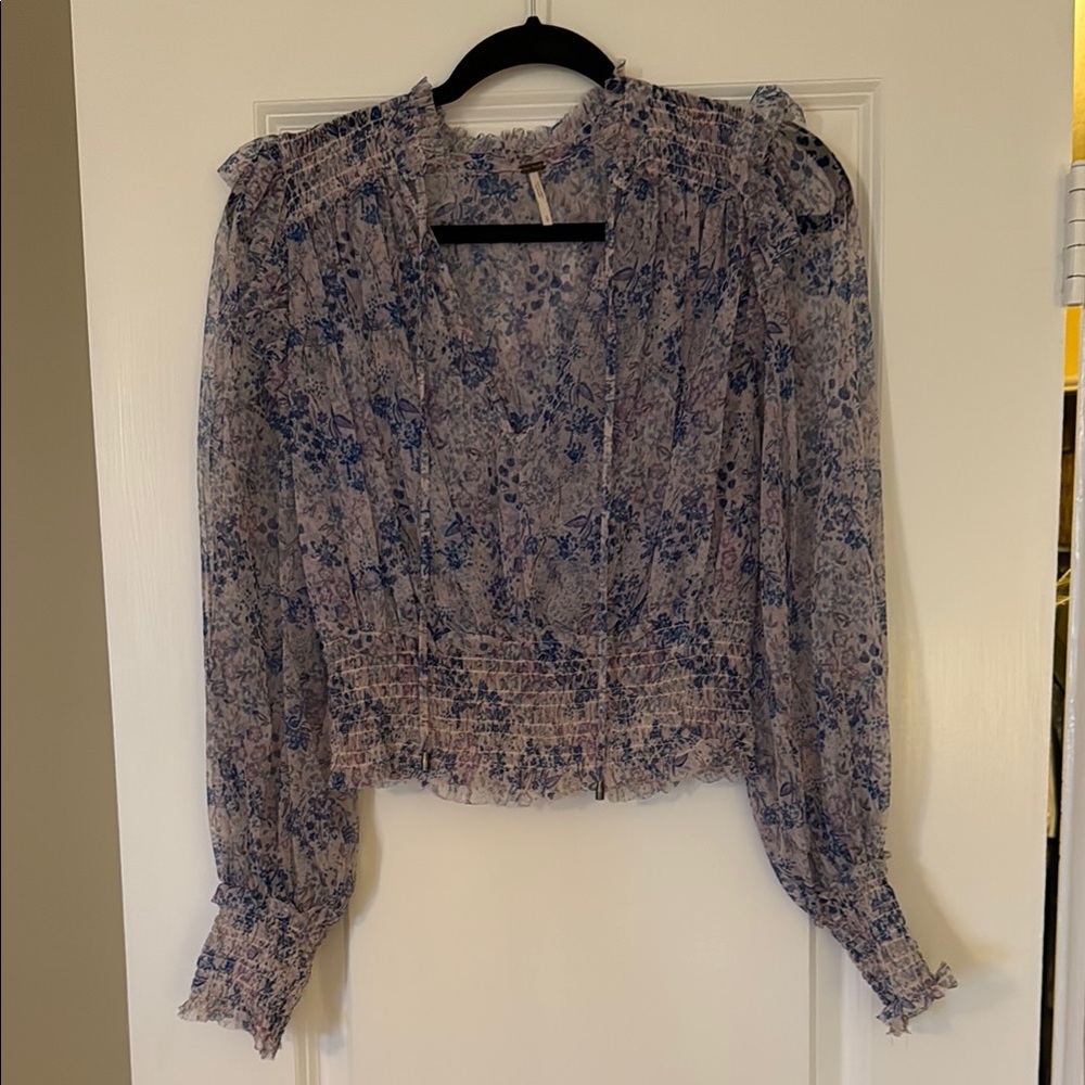 Free People Floral Sheer Blouse in Blue and Cream